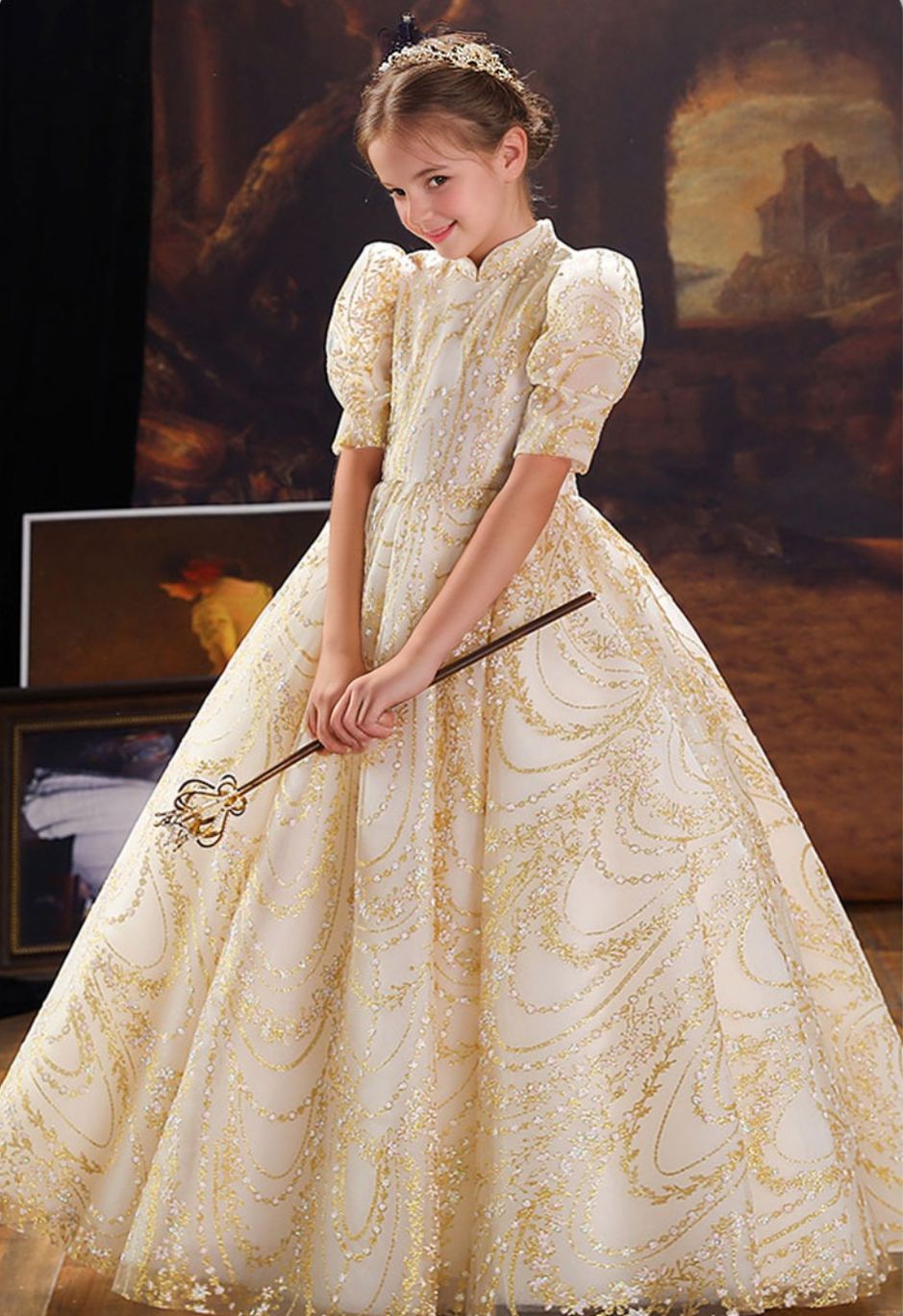 Robe de Bal à Manches Mi-Longues et Col Haut avec Broderie pour Demoiselle D'Honneur pour Fête avec Cristal