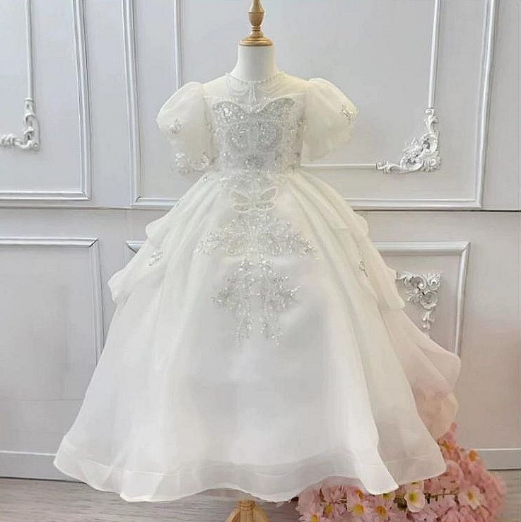 Robe de Soirée Princesse à Manches Courtes pour Fille avec Appliques en Strass