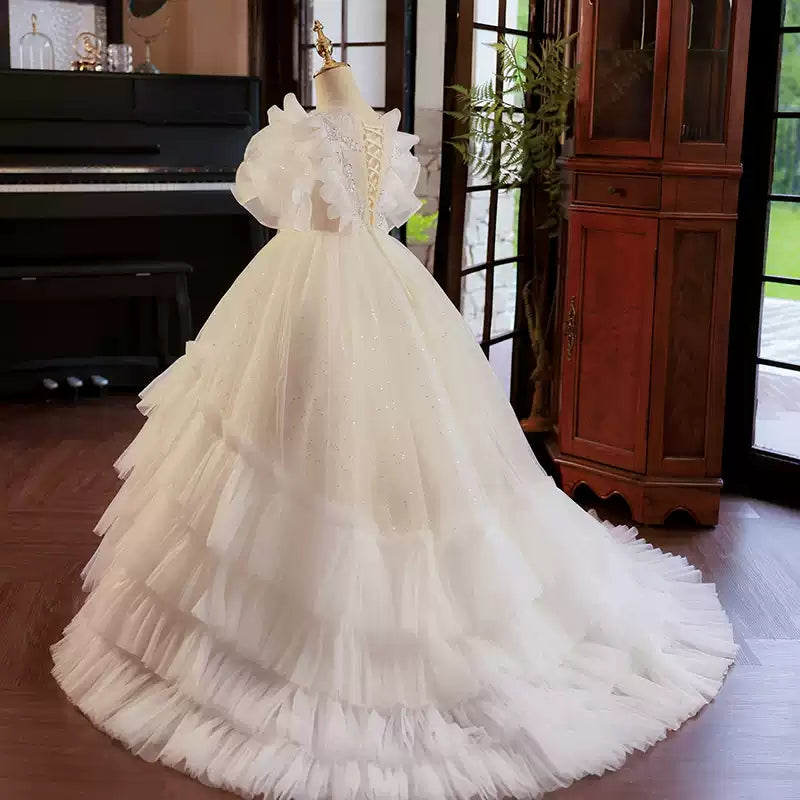 Robe de Bal à Volants en Tulle Superposée pour Demoiselle D'Honneur avec Appliques en Strass