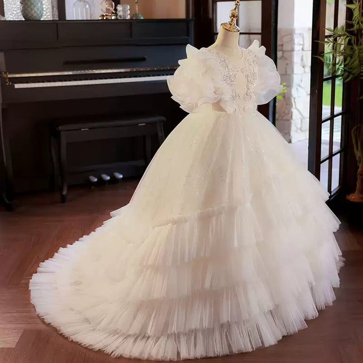 Robe de Bal à Volants en Tulle Superposée pour Demoiselle D'Honneur avec Appliques en Strass