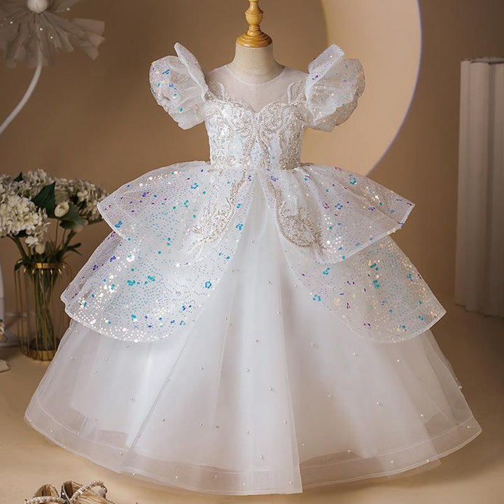 Robe de Soirée Princesse à Manches Courtes et Perles pour Fille avec Appliques en Strass