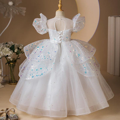 Robe de Soirée Princesse à Manches Courtes et Perles pour Fille avec Appliques en Strass