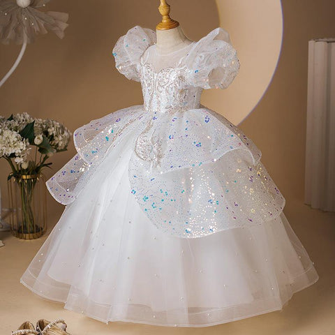 Robe de Soirée Princesse à Manches Courtes et Perles pour Fille avec Appliques en Strass