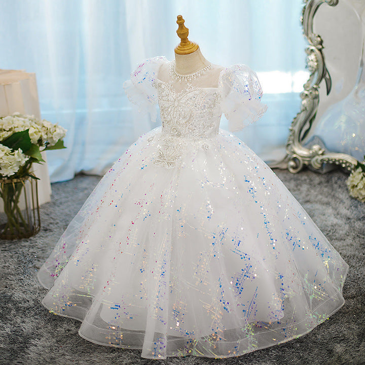 Robe de Soirée à Col Rond et Manches Courtes pour Fille avec Perles et Appliques en Cristal