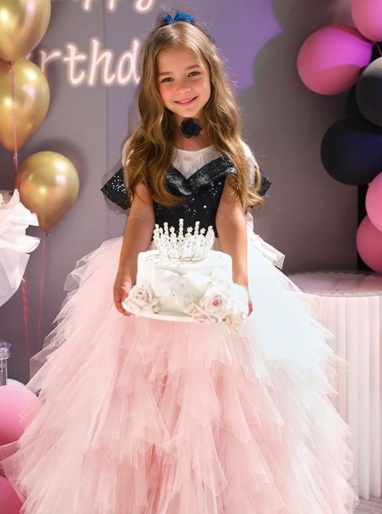 Robe de Soirée Trapèze/Princesse à Épaules Dénudées avec Volants en Tulle pour Fille