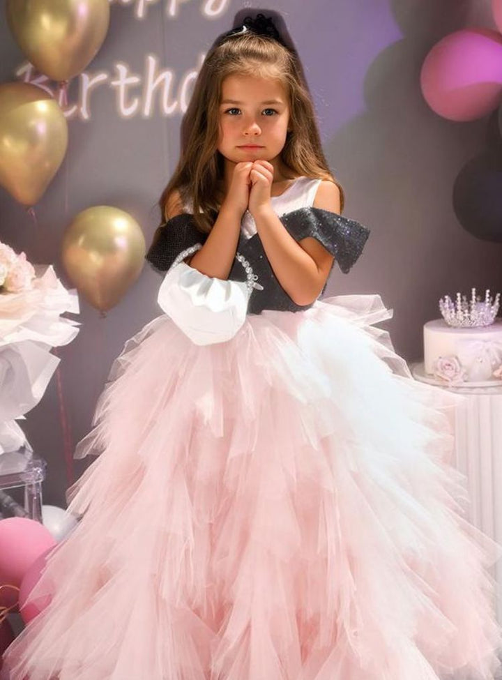 Robe de Soirée Trapèze/Princesse à Épaules Dénudées avec Volants en Tulle pour Fille