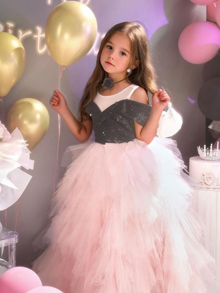 Robe de Soirée Trapèze/Princesse à Épaules Dénudées avec Volants en Tulle pour Fille