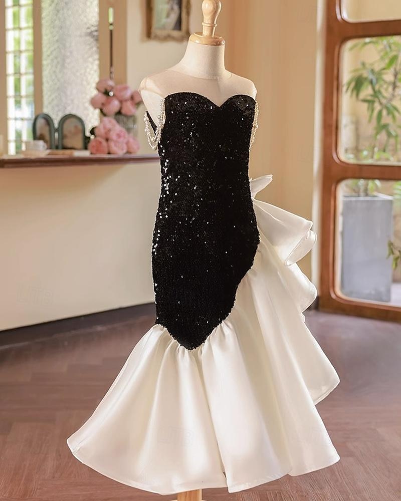 Robe de Soirée Sirène Sans Manches à Col Rond avec Perles pour Fille