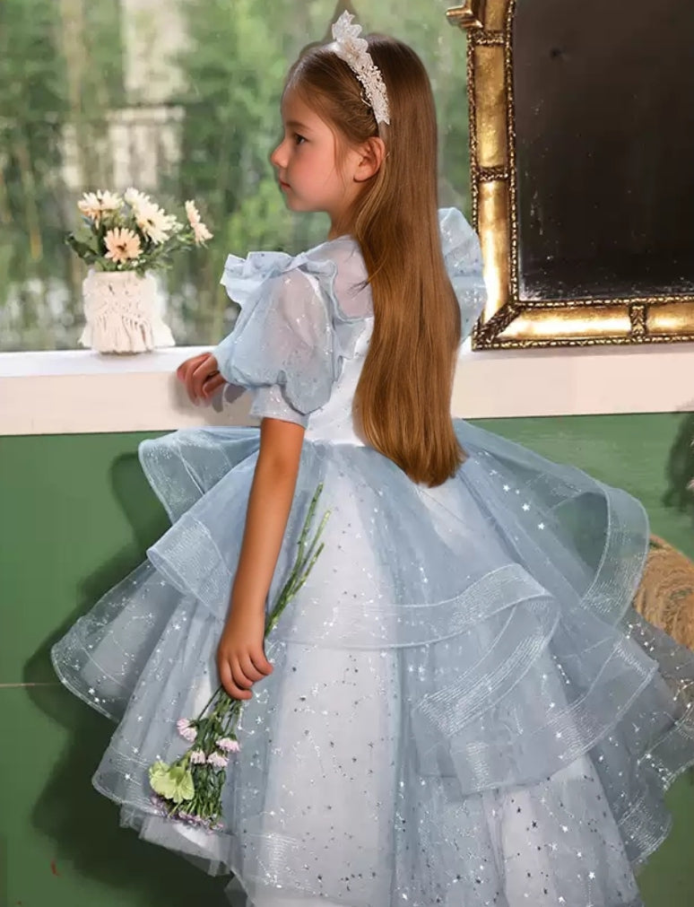 Robe de Soirée à Manches Courtes et Col Rond pour Fille avec Appliques en Strass