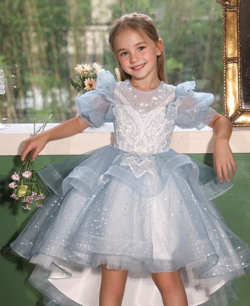 Robe de Soirée à Manches Courtes et Col Rond pour Fille avec Appliques en Strass