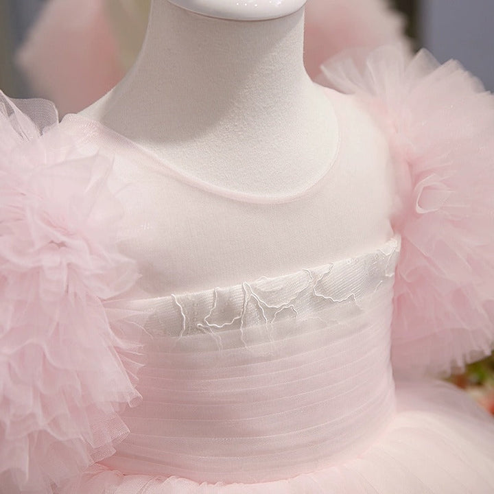 Robe de Soirée pour Bébé Fille, Longueur Genou, Volantée, en Tulle, Manches Courtes, Coupe Trapèze/Princesse