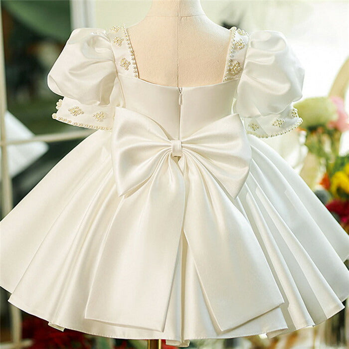 Robe de Demoiselle D'Honneur pour Bébé Fille à Manches Courtes et Col Carré avec Nœud et Perles