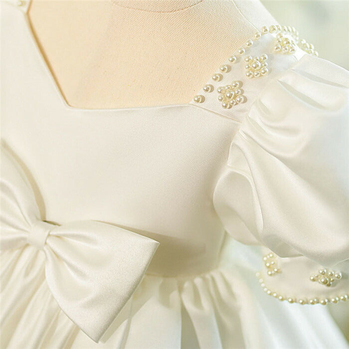 Robe de Demoiselle D'Honneur pour Bébé Fille à Manches Courtes et Col Carré avec Nœud et Perles