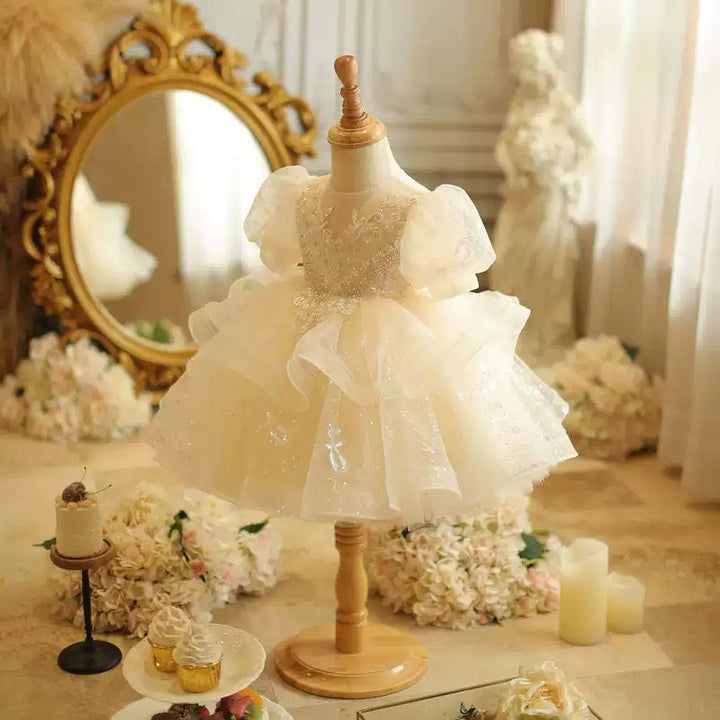 Robe Bébé Fille à Manches Courtes en Dentelle, Coupe Trapèze/Princesse, avec Appliques en Perles et Nœud