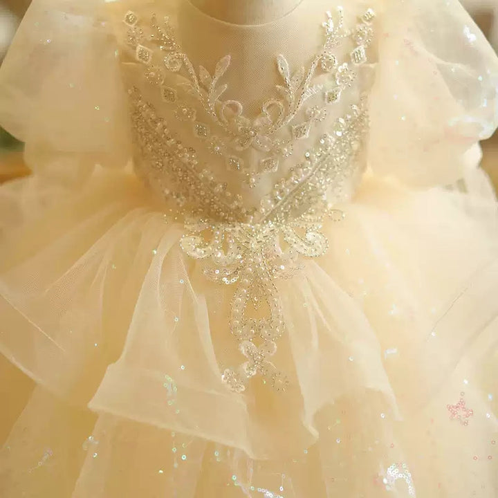 Robe Bébé Fille à Manches Courtes en Dentelle, Coupe Trapèze/Princesse, avec Appliques en Perles et Nœud