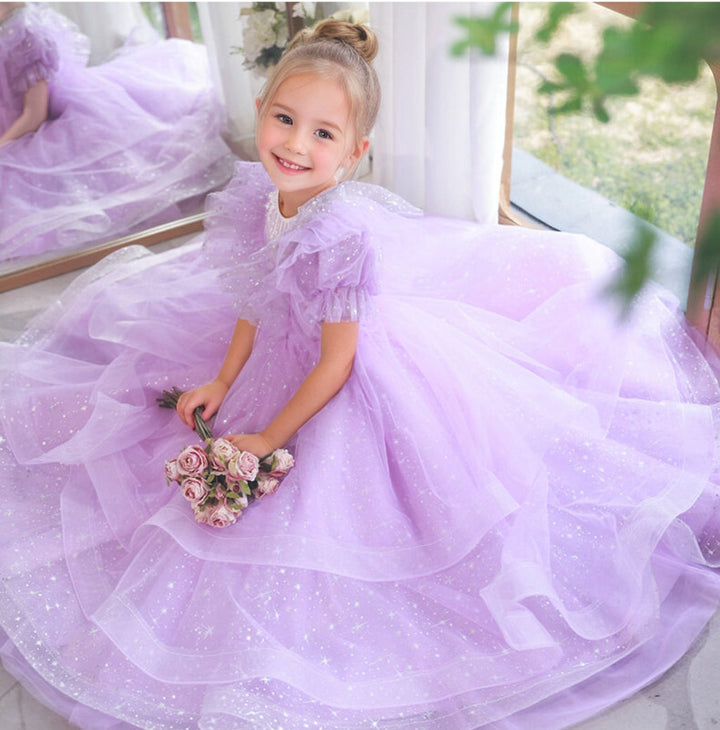Robe de Soirée Longue à Volants et Manches Courtes pour Fille avec Col Rond Perlé