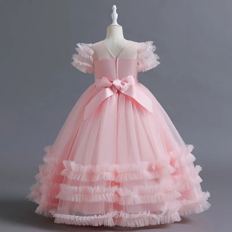 Robe de Soirée à Volants et Manches Courtes pour Fille avec Appliques de Fleurs en Perles
