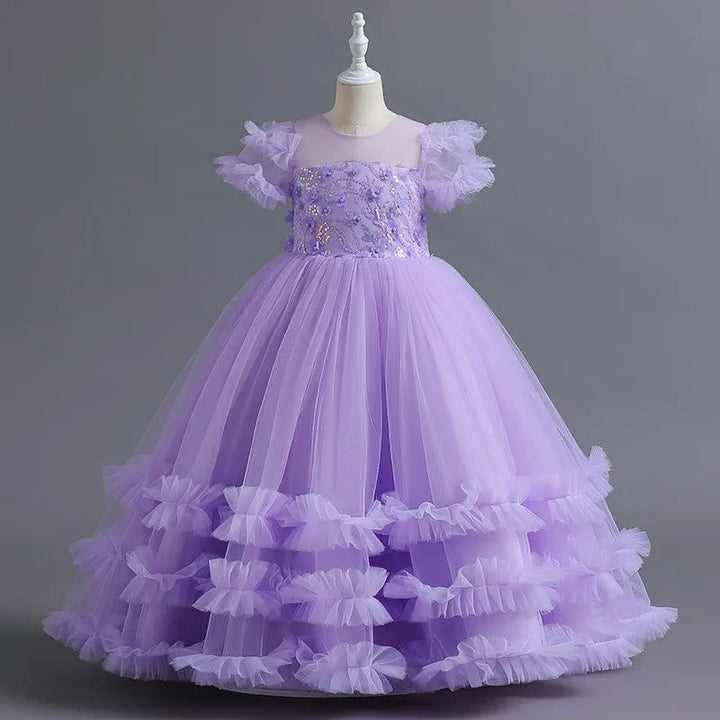 Robe de Soirée à Volants et Manches Courtes pour Fille avec Appliques de Fleurs en Perles