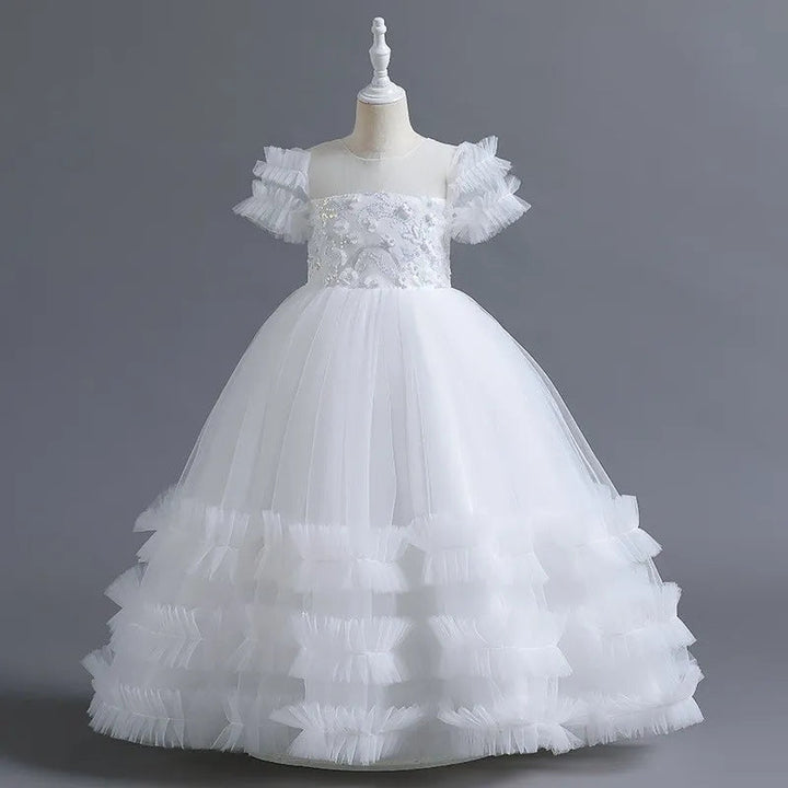 Robe de Soirée à Volants et Manches Courtes pour Fille avec Appliques de Fleurs en Perles