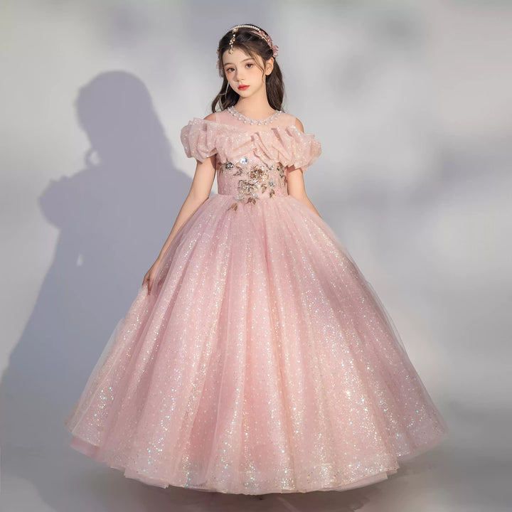 Robe de Soirée pour Fille avec Broderies, Longueur Au Sol, Coupe A-Line/Princesse, Épaules Dénudées