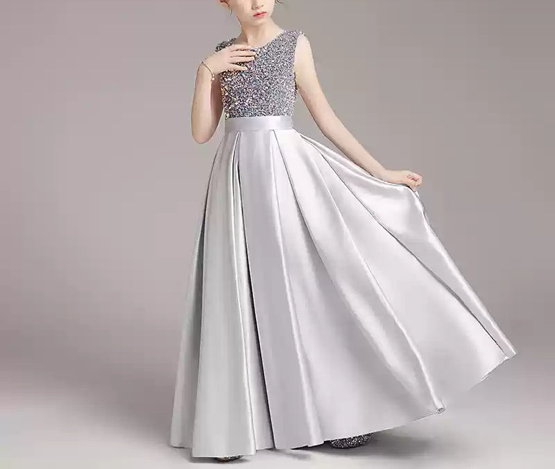 Robe de Soirée Brillante pour Fille, Coupe A-Line/Princess, Sans Manches, Col Rond, Longueur Au Sol