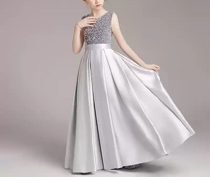 Robe de Soirée Brillante pour Fille, Coupe A-Line/Princess, Sans Manches, Col Rond, Longueur Au Sol