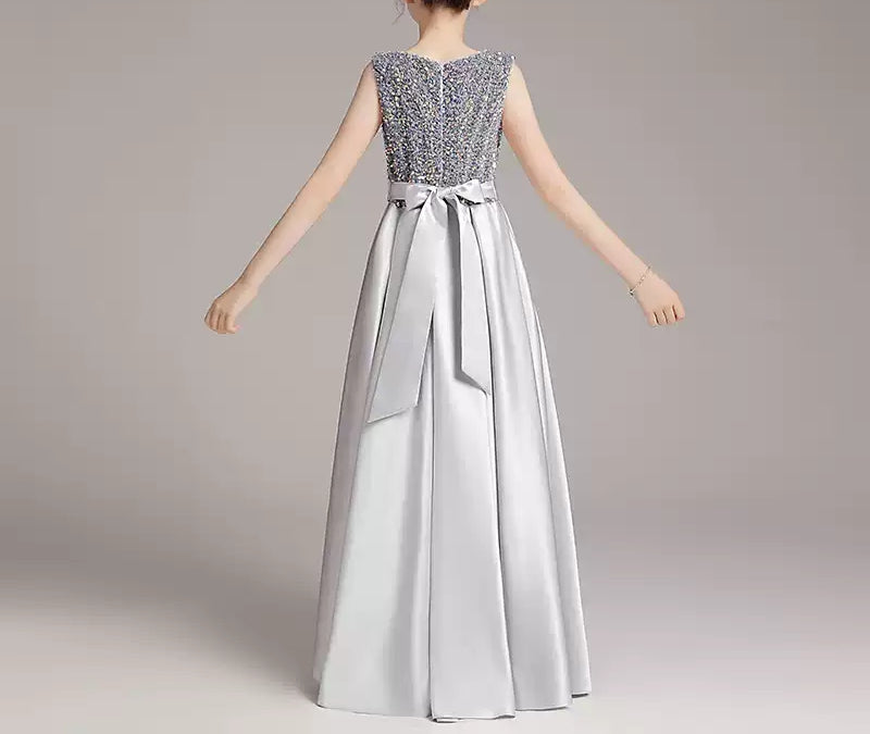 Robe de Soirée Brillante pour Fille, Coupe A-Line/Princess, Sans Manches, Col Rond, Longueur Au Sol