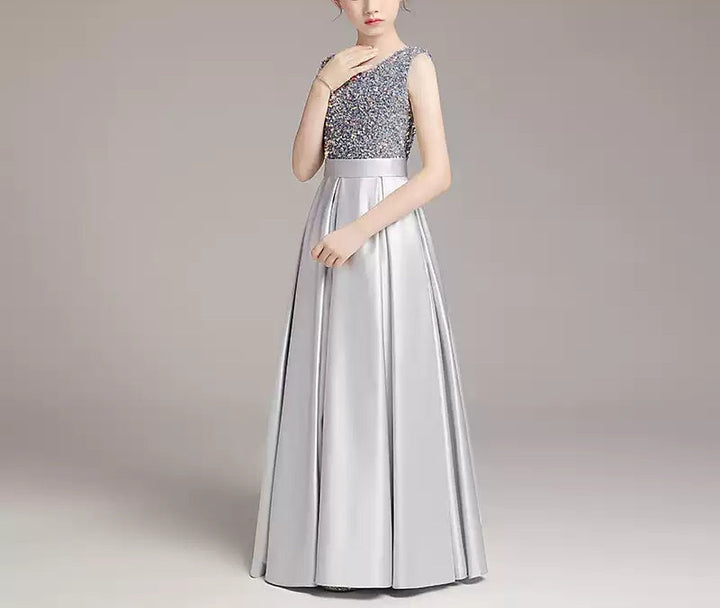 Robe de Soirée Brillante pour Fille, Coupe A-Line/Princess, Sans Manches, Col Rond, Longueur Au Sol