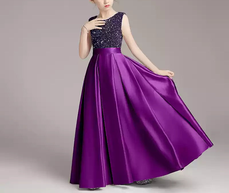 Robe de Soirée Brillante pour Fille, Coupe A-Line/Princess, Sans Manches, Col Rond, Longueur Au Sol