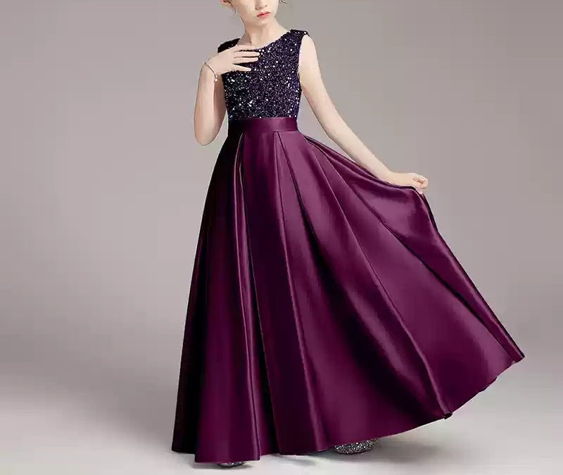 Robe de Soirée Brillante pour Fille, Coupe A-Line/Princess, Sans Manches, Col Rond, Longueur Au Sol