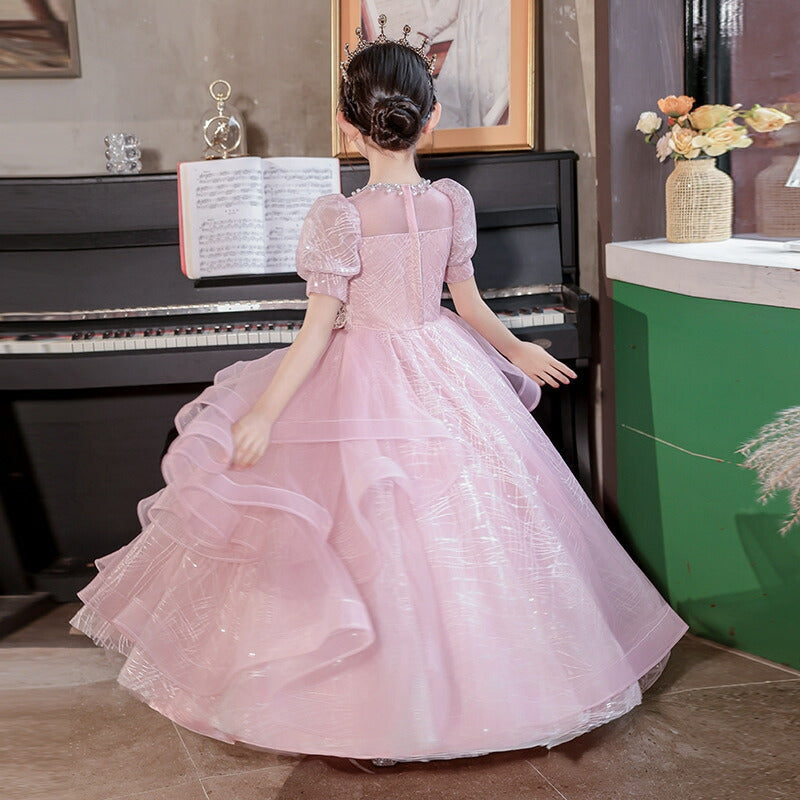 Robe de Soirée Princesse à Manches Courtes et Longueur Au Sol avec Appliques en Strass