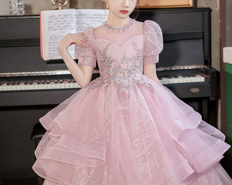 Robe de Soirée Princesse à Manches Courtes et Longueur Au Sol avec Appliques en Strass