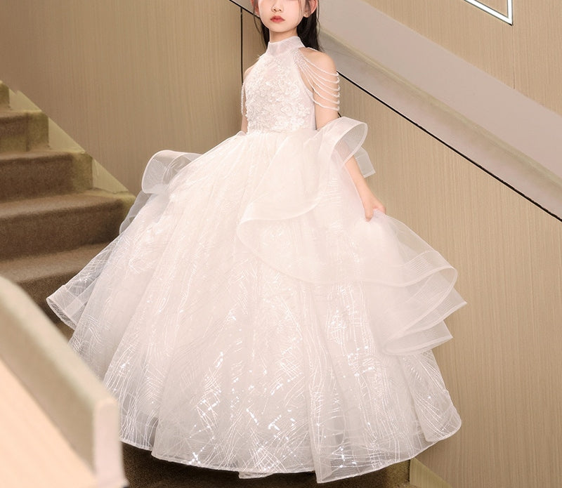 Robe de Soirée Longue à Col Licou pour Fille avec Appliques de Fleurs en Perles