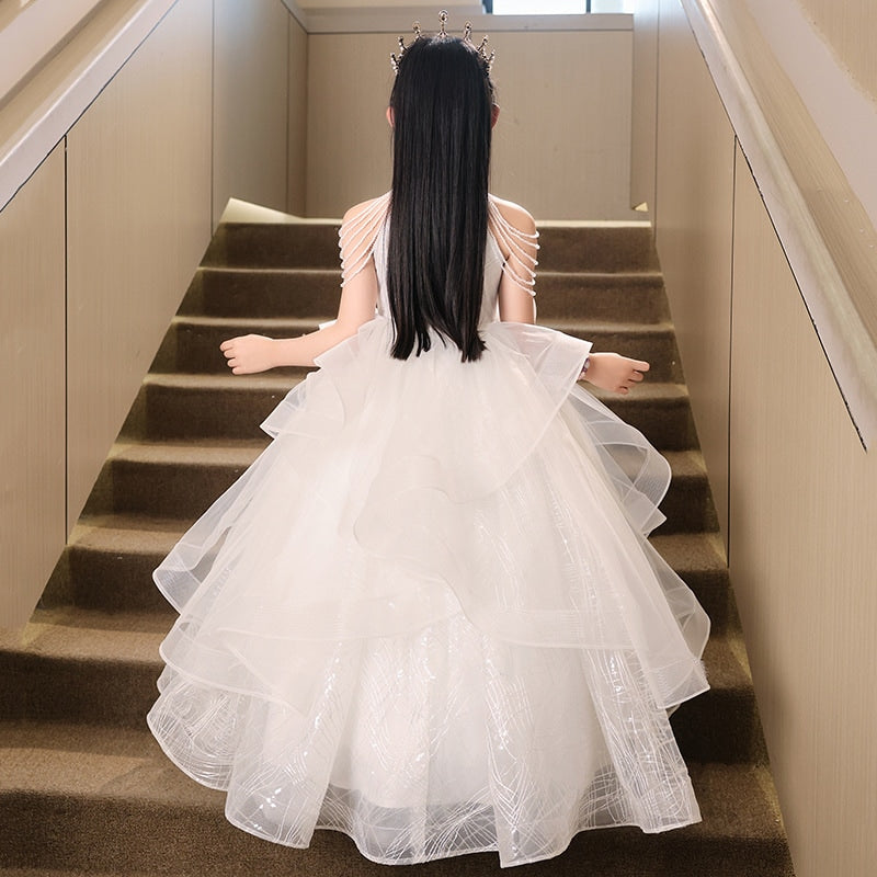 Robe de Soirée Longue à Col Licou pour Fille avec Appliques de Fleurs en Perles