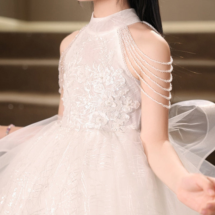 Robe de Soirée Longue à Col Licou pour Fille avec Appliques de Fleurs en Perles