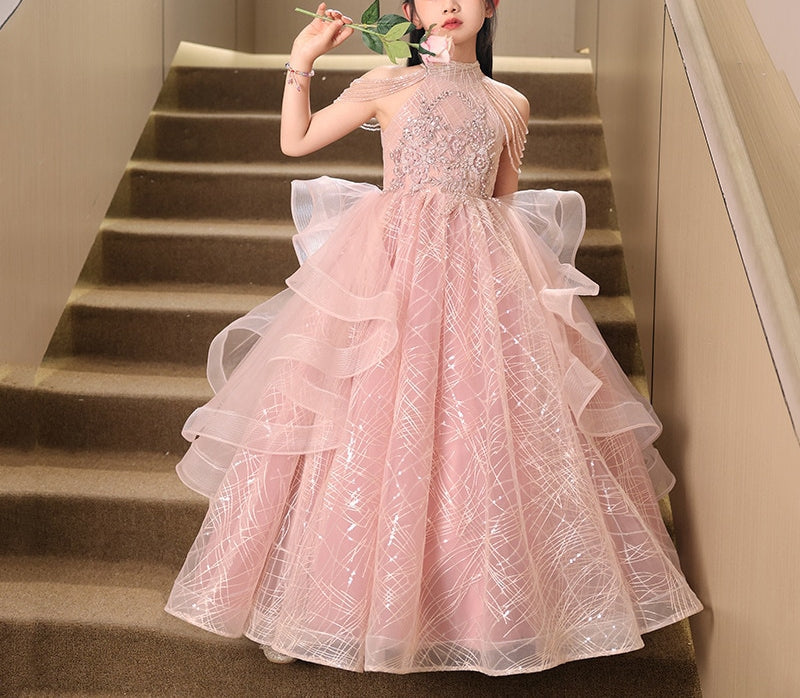 Robe de Soirée Longue à Col Licou pour Fille avec Appliques de Fleurs en Perles