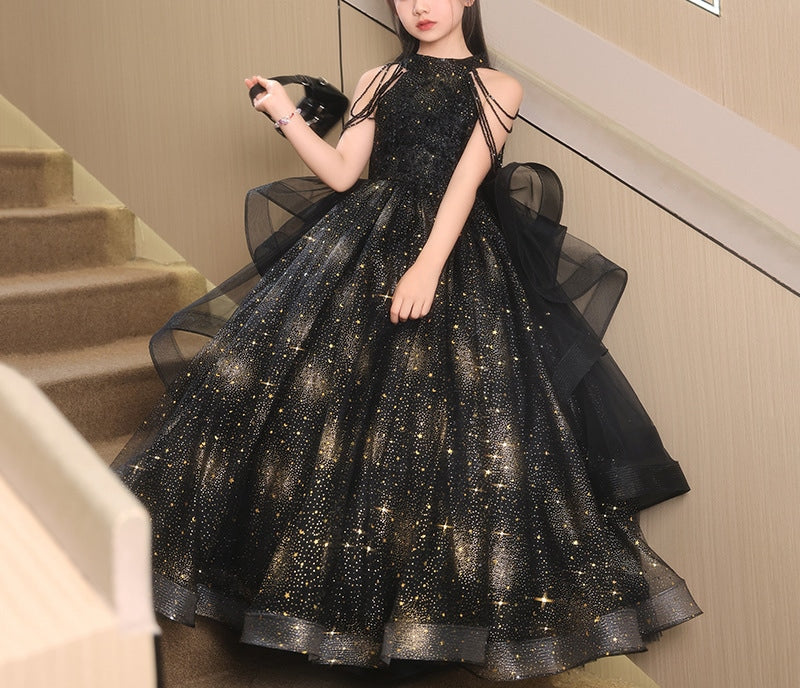 Robe de Soirée Longue à Col Licou pour Fille avec Appliques de Fleurs en Perles