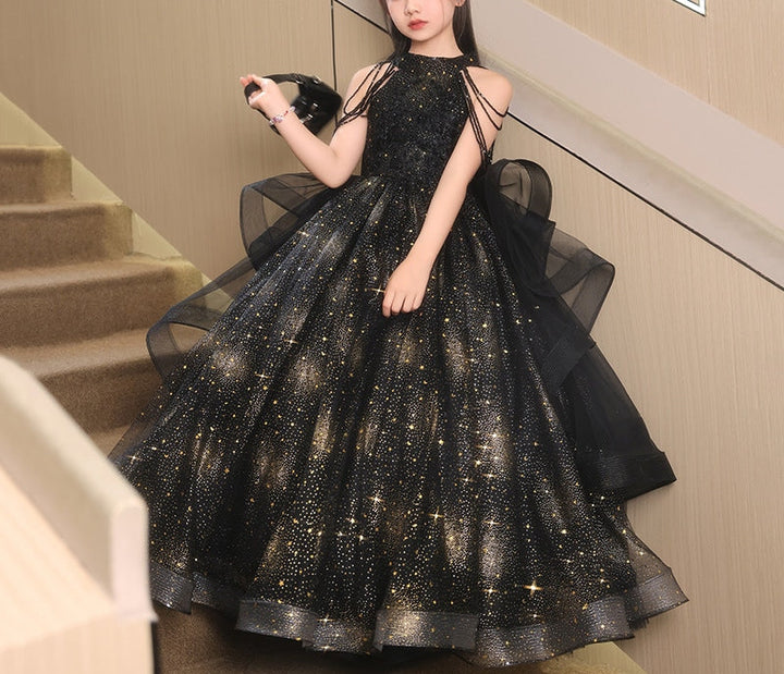 Robe de Soirée Longue à Col Licou pour Fille avec Appliques de Fleurs en Perles