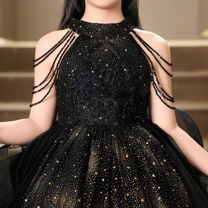 Robe de Soirée Longue à Col Licou pour Fille avec Appliques de Fleurs en Perles