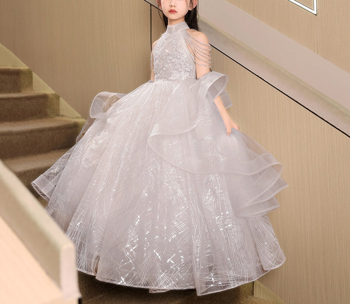 Robe de Soirée Longue à Col Licou pour Fille avec Appliques de Fleurs en Perles