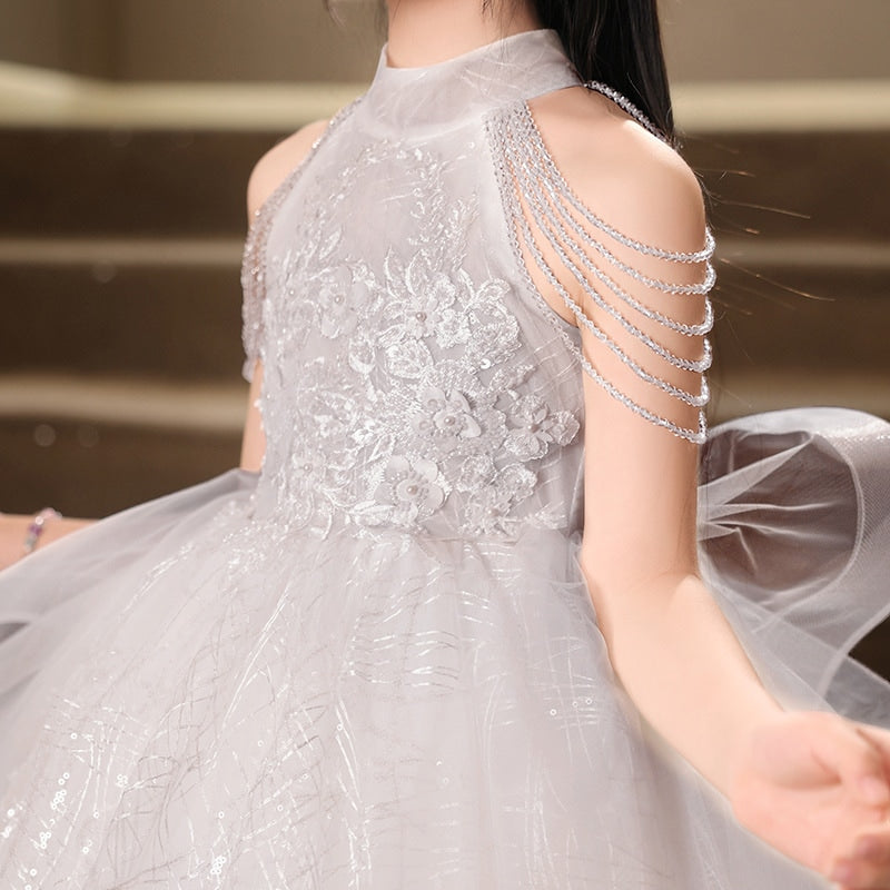 Robe de Soirée Longue à Col Licou pour Fille avec Appliques de Fleurs en Perles