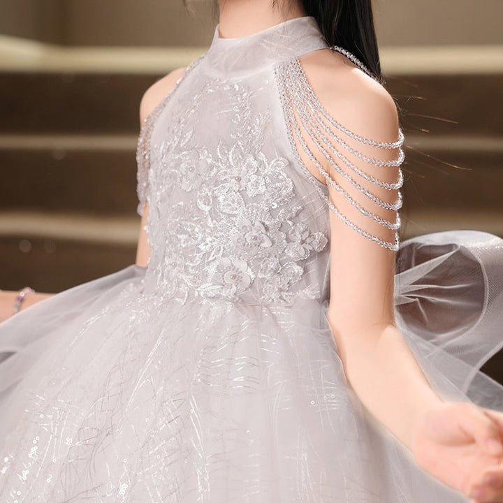 Robe de Soirée Longue à Col Licou pour Fille avec Appliques de Fleurs en Perles