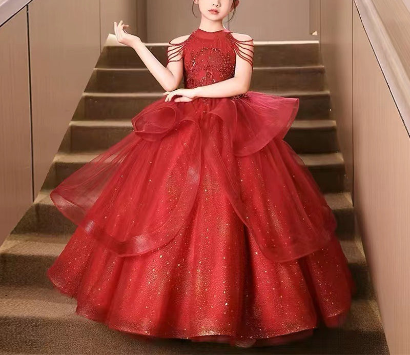 Robe de Soirée Longue à Col Licou pour Fille avec Appliques de Fleurs en Perles