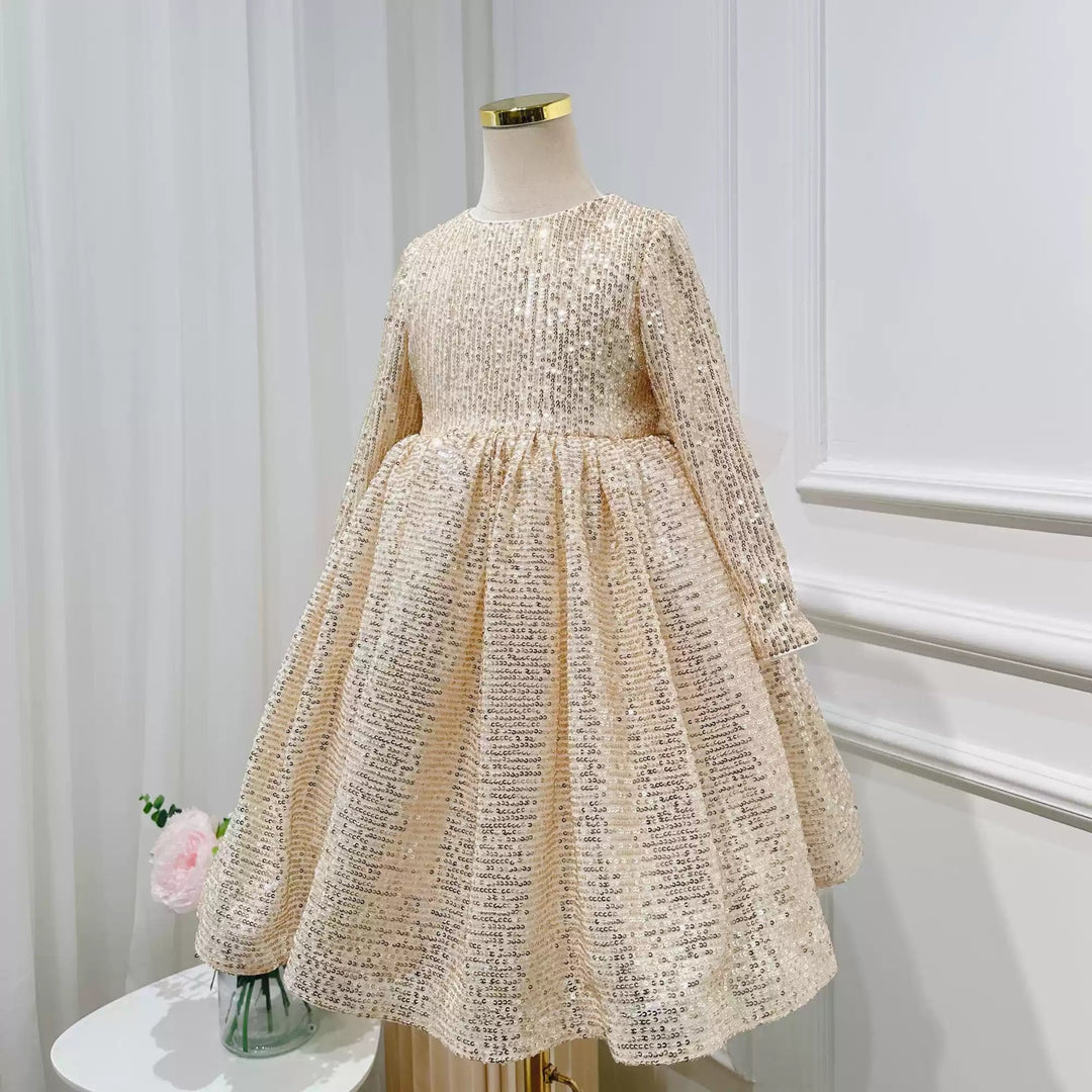 Robe de Soirée à Paillettes à Col Rond et Manches Longues avec Ceinture pour Fille