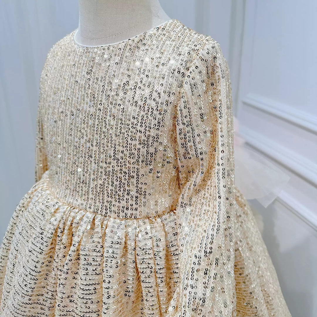 Robe de Soirée à Paillettes à Col Rond et Manches Longues avec Ceinture pour Fille