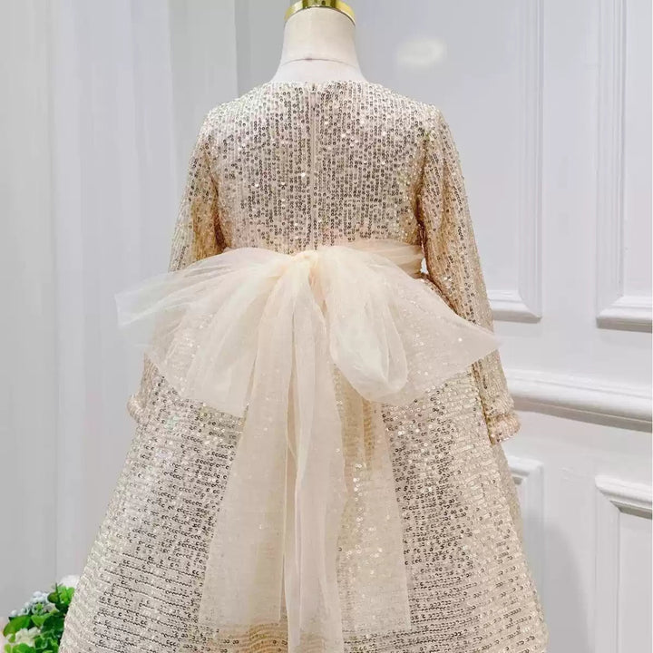 Robe de Soirée à Paillettes à Col Rond et Manches Longues avec Ceinture pour Fille