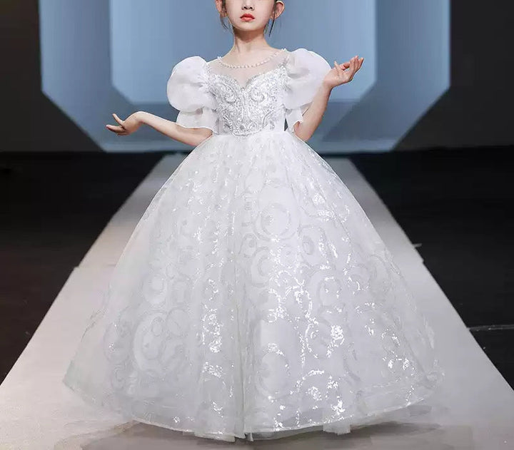 Robe de Bal à Col Rond et Manches Courtes avec Perles et Appliques en Cristal pour Fille
