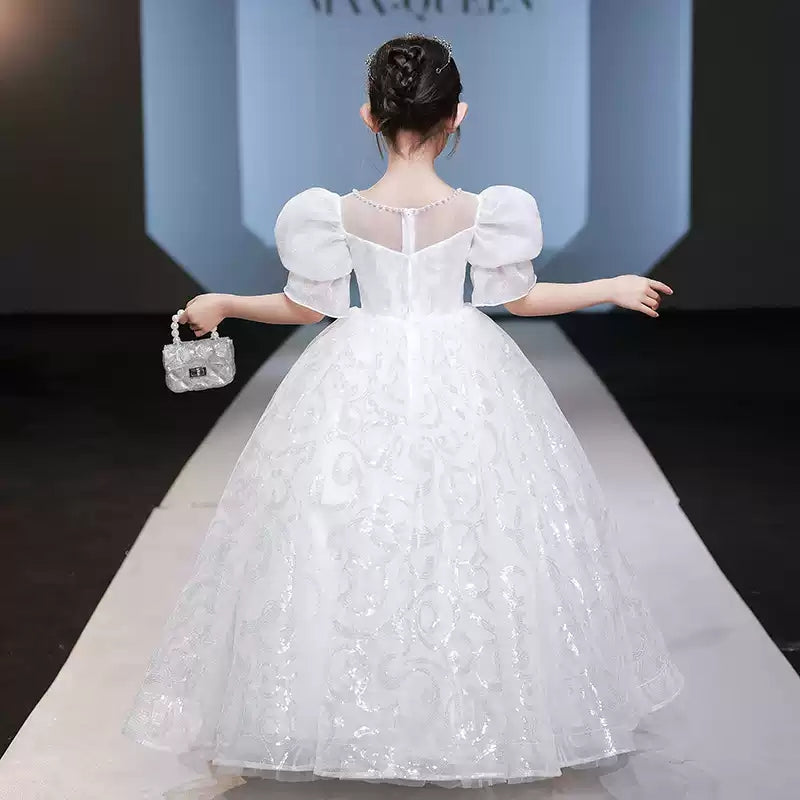 Robe de Bal à Col Rond et Manches Courtes avec Perles et Appliques en Cristal pour Fille