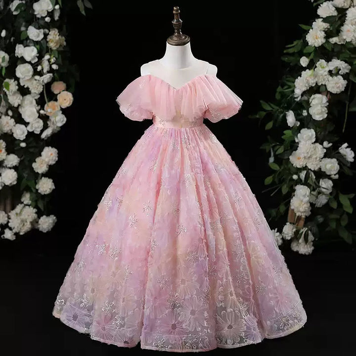 Robe de Soirée A-Line/Princess à Épaules Dénudées et Longueur Au Sol pour Fille avec Fleurs