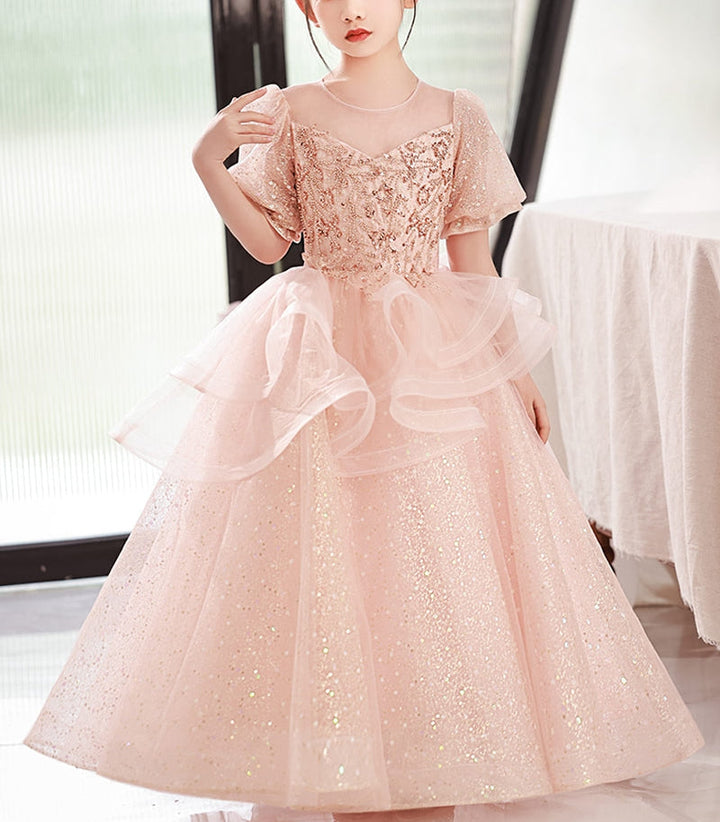 Robe de Soirée A-Line/Princess à Col Rond et Manches Courtes pour Fille avec Appliques en Cristal